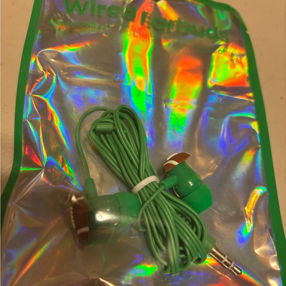 Green Wired Earbuds plug ins. Green with football on ends. New no tags